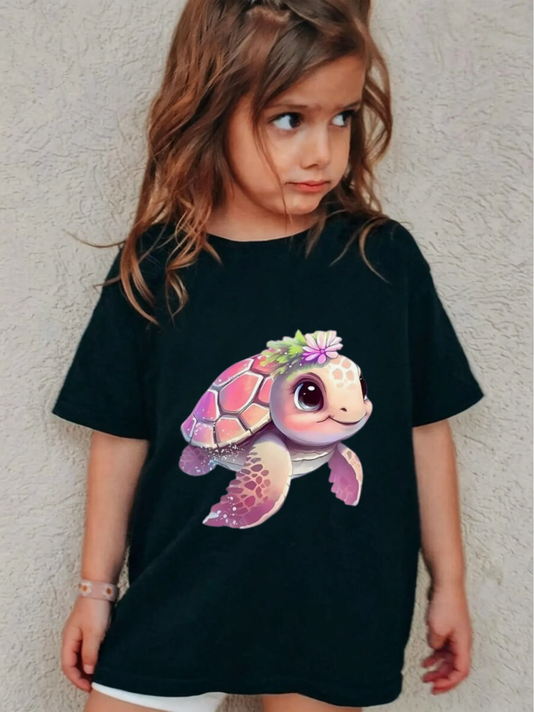 

Little Girls Pink-Purple Gradient Sea Turtle Short-Sleeve T-Shirt, Dreamy Wreath Sea Turtle Ocean-Style Kids Top
