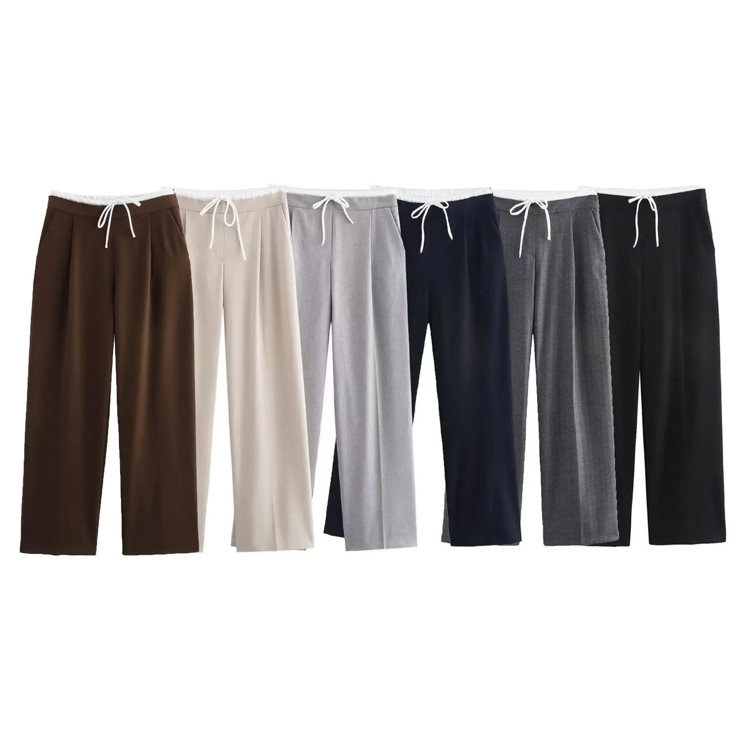 

Women's new Fashion double-layer waist design loose side pockets casual wide leg pants retro high waisted zipper women's pants