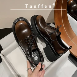 Taoffen Retro Loafers For Women Genuine Leather Mixed Colors Square Heel Thick Sole Fashion Round Toe Lace-up Office Lady Shoes