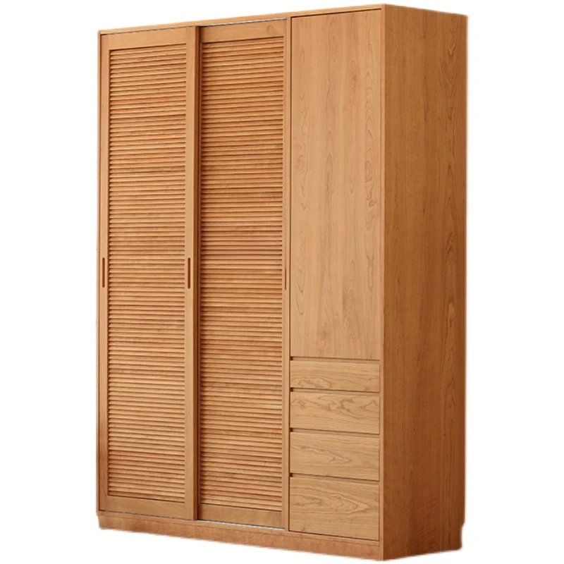 Nordic Style Cherrywood Wardrobe Japanese Entry Lux Solid Wood Louver Sliding Door Wardrobe Modern Minimalist  Storage Cabinet