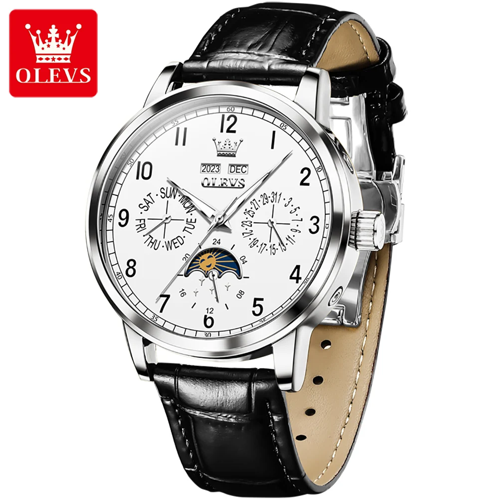 OLEVS 6698 Automatic Watch Luxury Leather Strap Calendar Waterproof Luminous Moon Phase Original Brand Mechanical Watch for Men