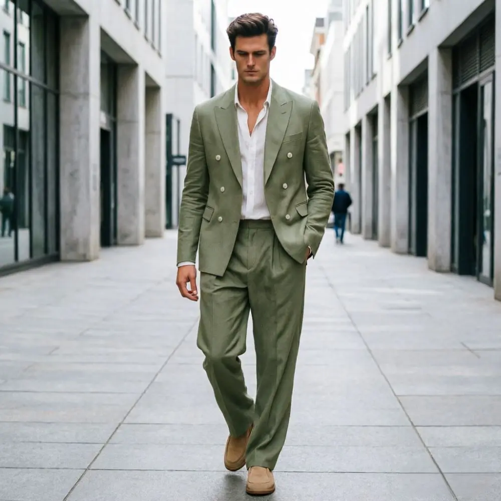 

Sage Green Linen Men 2 Piece Wedding Tuxedo Relaxed Oversized Peak Lapel Formal Suit Lightweight Breathable Modern Events 2026