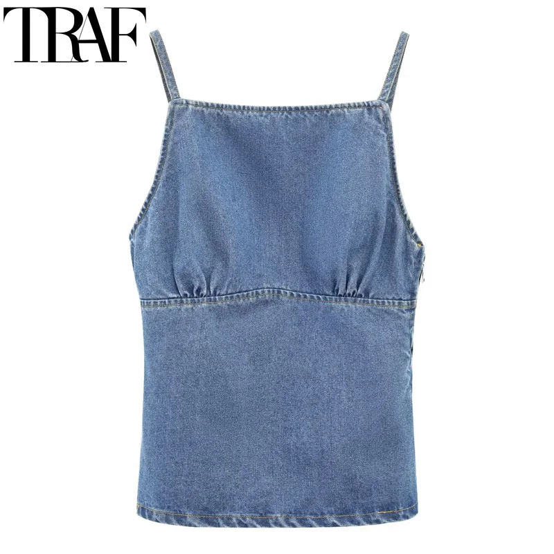 

TRAF 2025 Crop Tops For Women Summer Sleeveless Blue Denim Top Woman Streetwear Backless Tank Tops With Straps Camisole Top