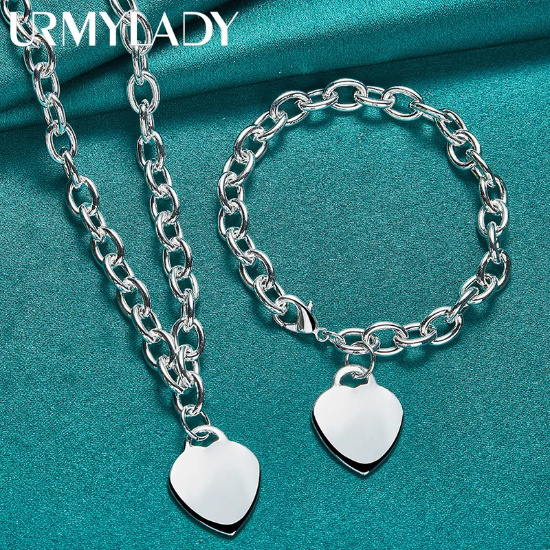 

URMYLADY 925 Sterling Silver Heart Pendant Bracelet Necklace Jewelry Set For Women Wedding Party Fashion Charm Gift