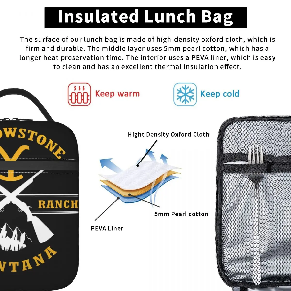 يلوستون داتون رانش مونتانا حقيبة الغداء صندوق الغداء المدرسة المحمولة سستة أكياس الغداء الحرارية مقاوم للماء طباعة حقيبة للحفاظ على البرودة