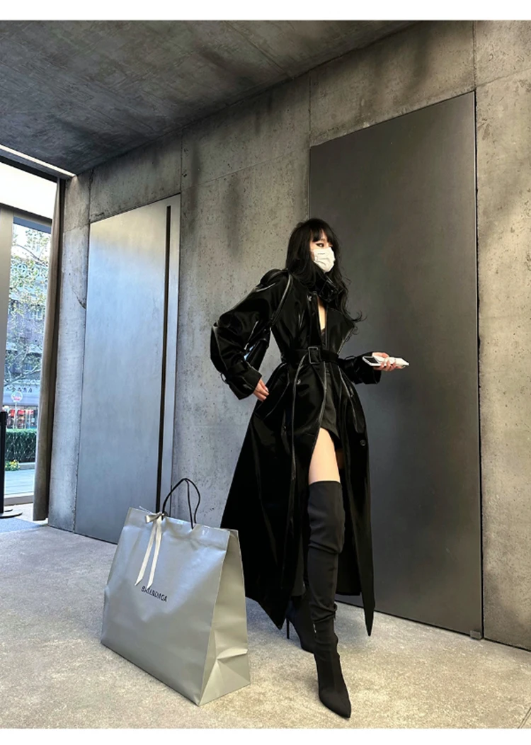 Lautaro Spring Autumn Extra Long Oversized Cool Reflective Shiny Black Patent Leather Trench Coat for Women Belt Runway Fashion