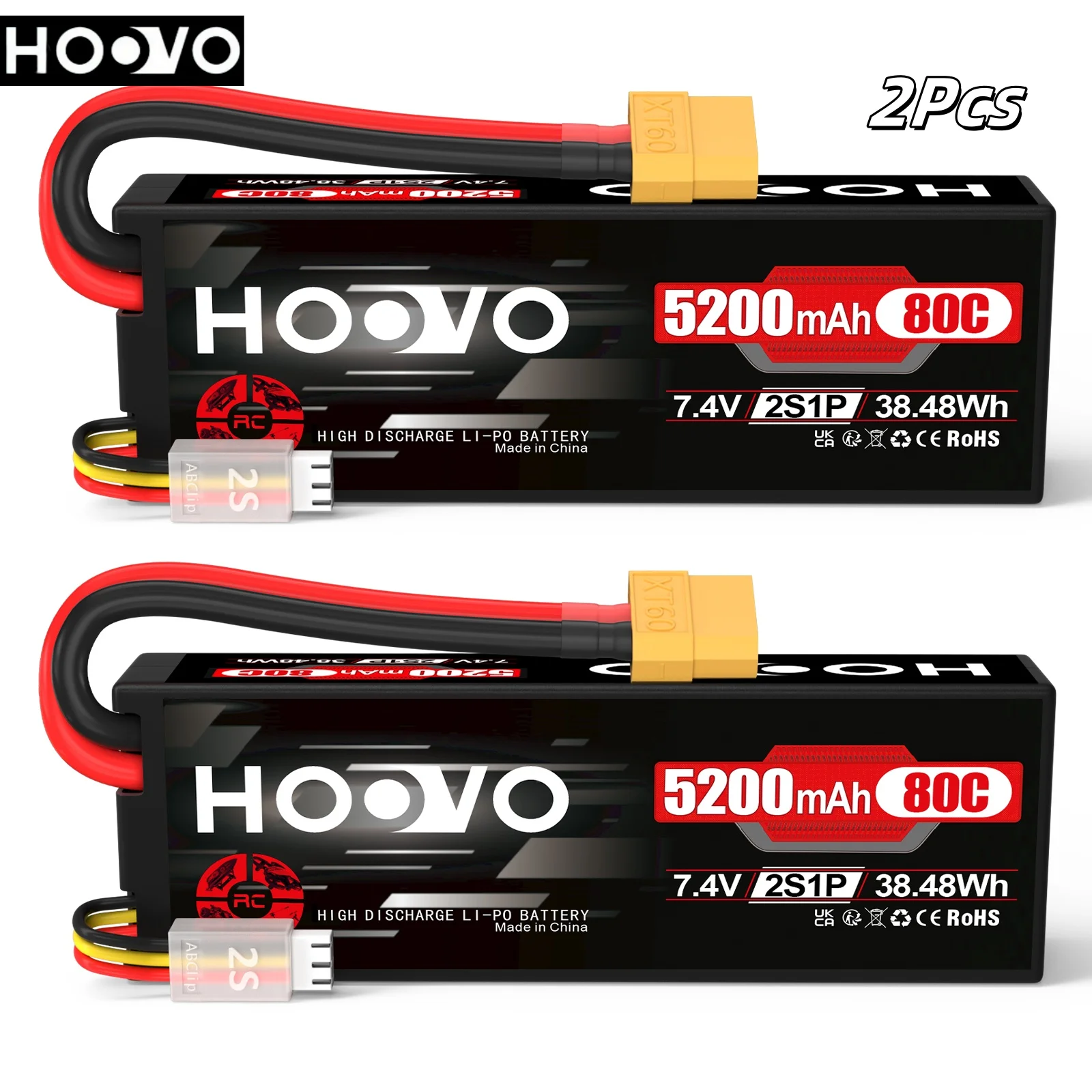 HOOVO 2S LiPo Battery RC Battery XT60 Plug 7.4V 5200mAh 80C Hard Case Replacement Battery for RC Car Airplane Helicopter Boat