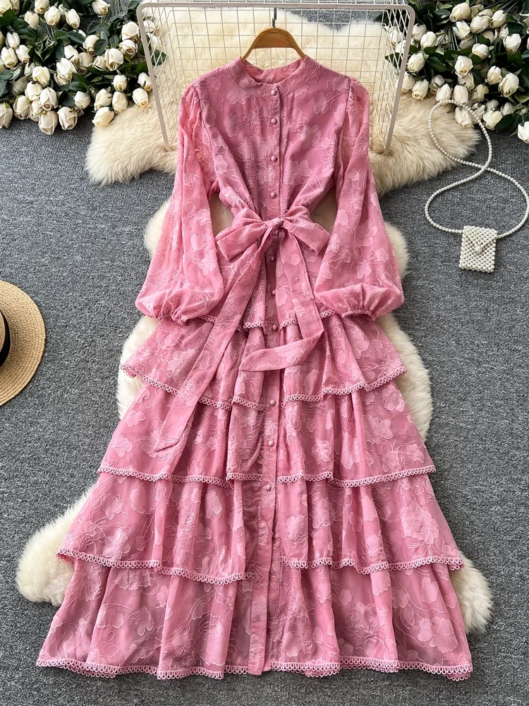 Elegant Lace Splice Belted Women's Dress Autumn Slimming Long Skirt French Style High Waist Polyester Fiber A-Line Dress