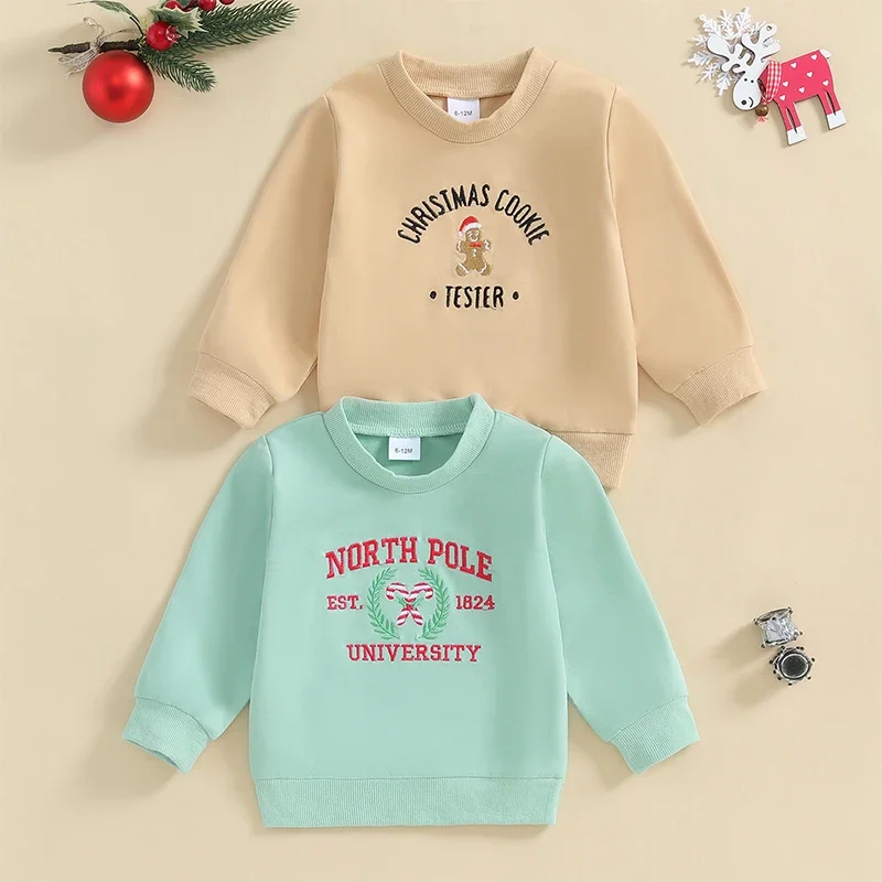 Kids Baby Boys Girls Christmas Sweatshirts Long Sleeve Embroidery Letters Pullover Xmas Tops Outwear