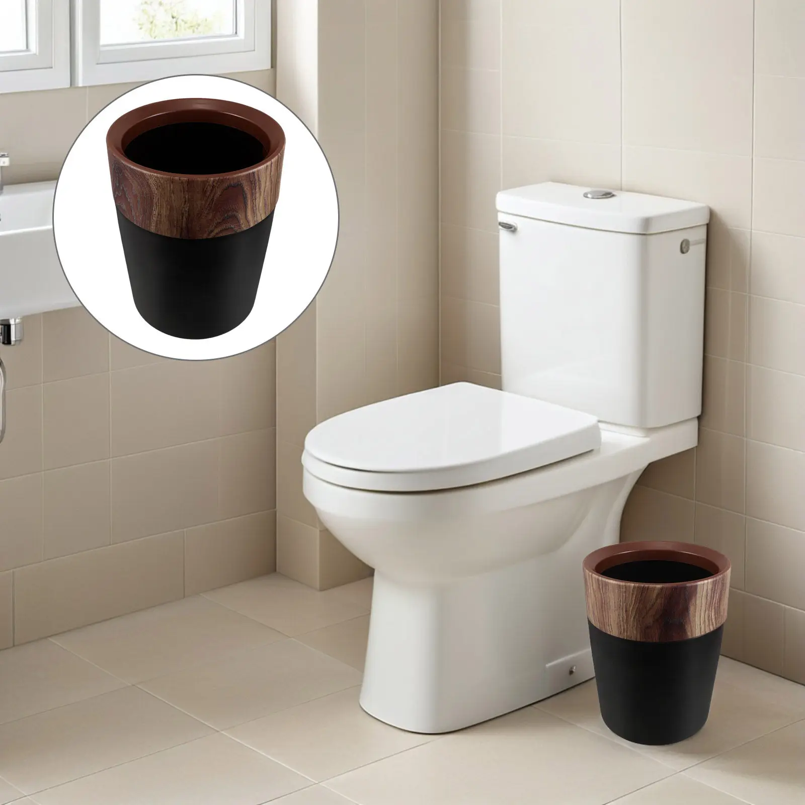 

14L Wood Grain Plastic Trash Can Round Rustic Garbage Bin for Kitchen Living Room Office Bedroom Farmhouse Decorative Waste