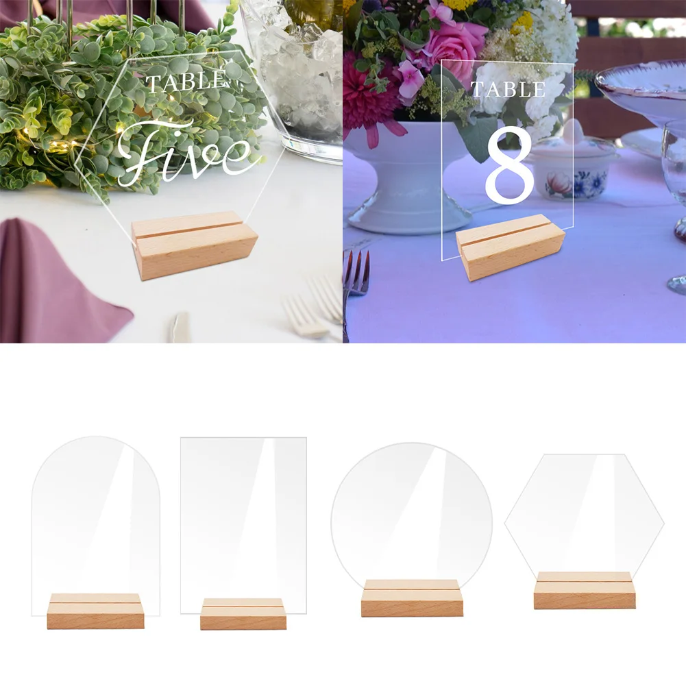 Juego de mesa transparente de acrílico, tarjeta de lugar y soportes de madera, letrero de mesa de boda, marco de exhibición de números para banquete, fiesta, venta al por mayor, 1 Juego