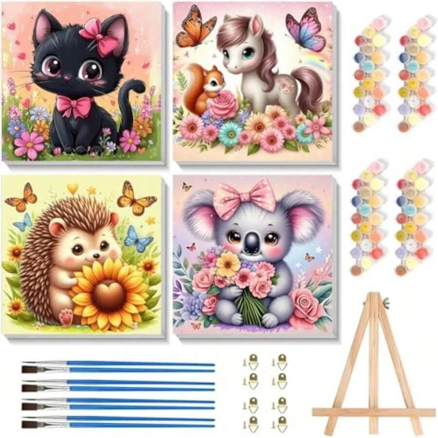 

4 Pack Paint By Numbers Kit For With Frame - Wooden Easel, Animal Paint By Numbers For Ages 4 8 12, Easy Horse Cat Hedgehog Koa