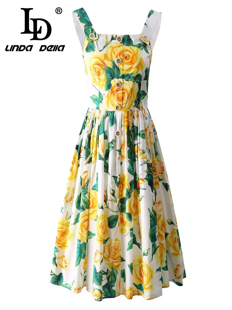 LD LINDA DELLA 2024 Summer Luxury Dress Women's Vintage Temperament Floral Print Single Breasted Ruched Spaghetti Strap Dresses