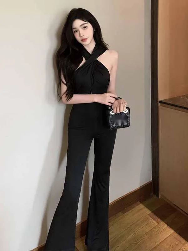 2024 Autumn Hanging Neck Black Backless Hooded Sleeveless Jumpsuit Pants Women Cinching Waist Slim Micro Flared Pants KUGT