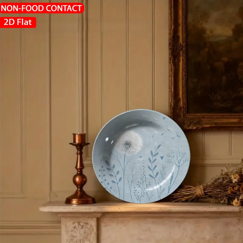 1pc Artistic Dandelion Blue Ceramic Plate Non-food Contact, Home Desk Ornaments, Living Room and Bedroom Decorations, Suitable
