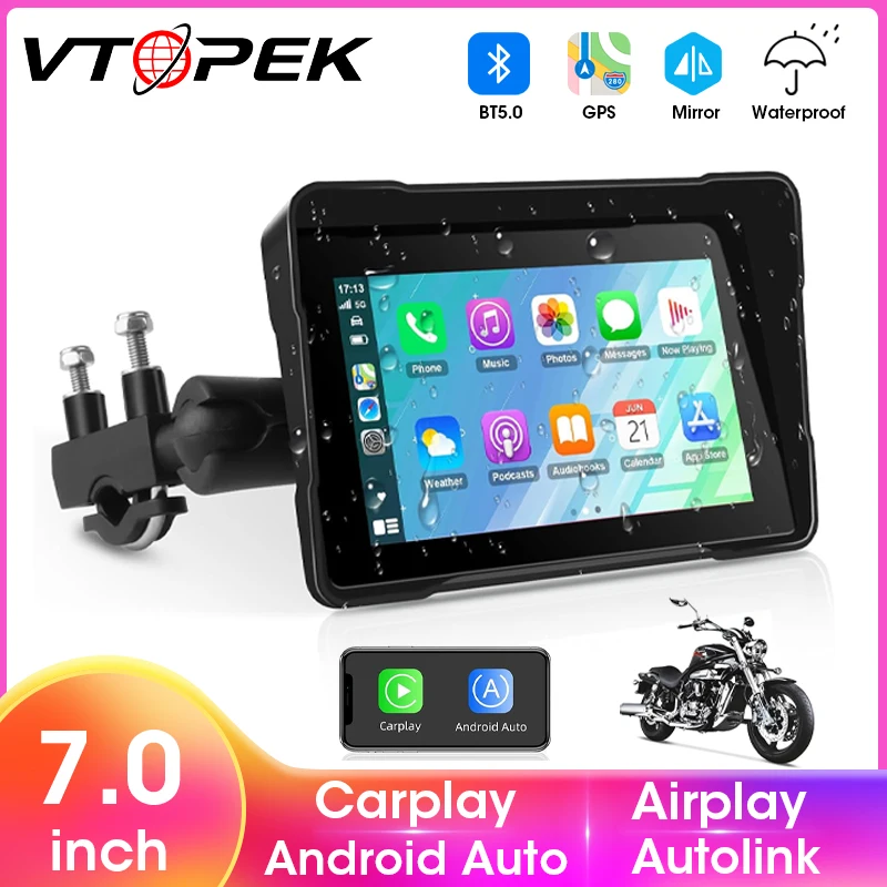 

Vtopek 5/7-дюймовый мотоциклетный видеорегистратор, беспроводной CarPlay Moto Android Auto, портативный экран, IP67, водонепроницаемый двойной Bluetooth-монитор