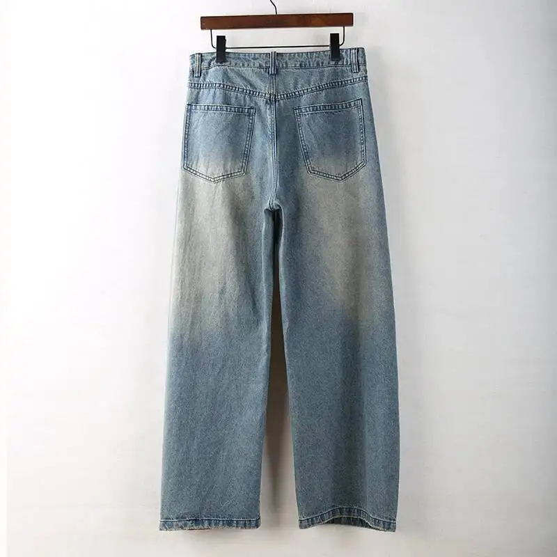 HKSH 2026 Spring New Men Tide American Retro Distressed Design Wide-Leg Jeans Loose Casual Floor-Length Denim Pants Chic HK22139