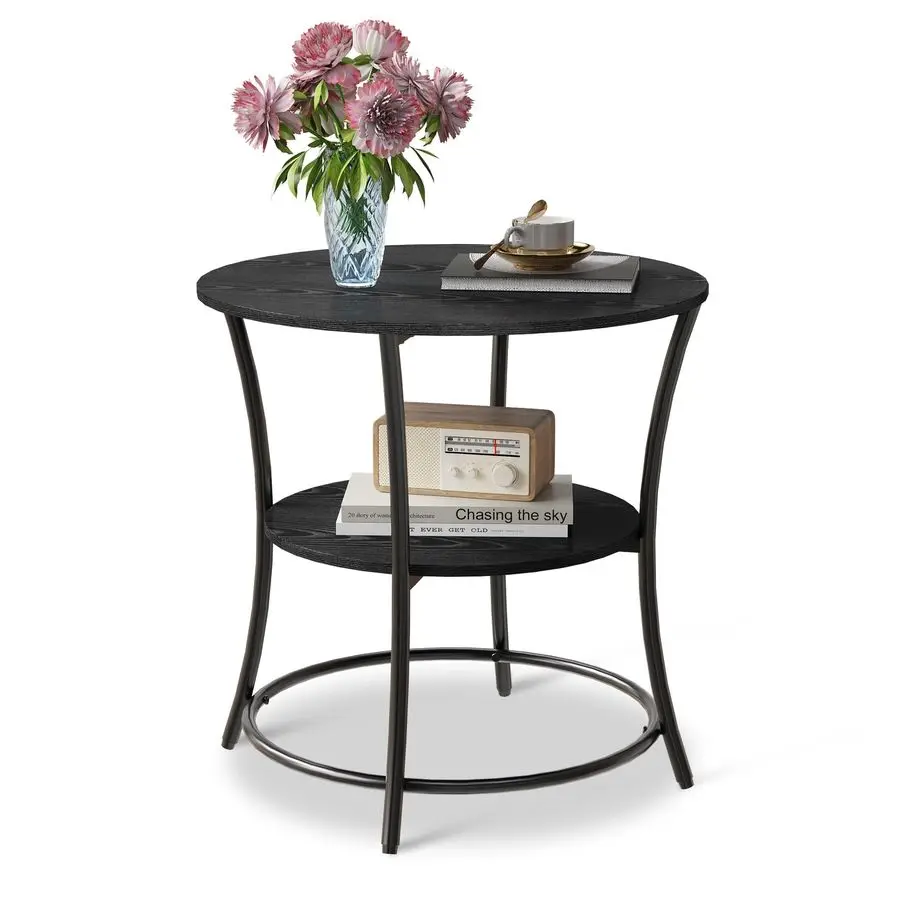 

Side Table, Round End Table with 2 Storage Shelves for Living Room, Bedroom, Nightstand with Steel Frame for Small Spaces, Acce