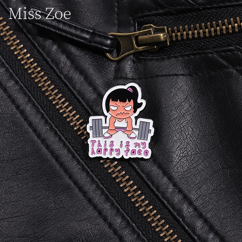 This Is My Happy Face Enamel Pin Dumbbell Barbell Weightlifting Girl Brooch Lapel Badge Exercise Fitness Activities Jewelry Gift