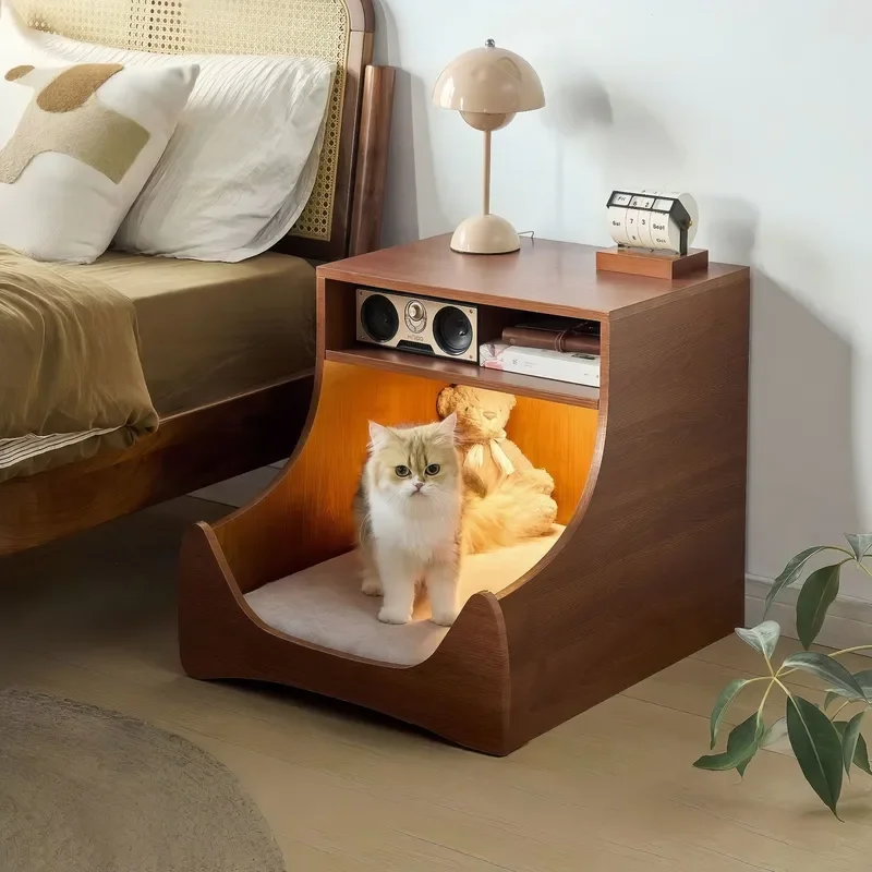 Wooden Multi-functional Human-Pet Integrated Bedroom Bedside Table Storage Cabinet Cat/Dog Bed Mat Breathable Design for
