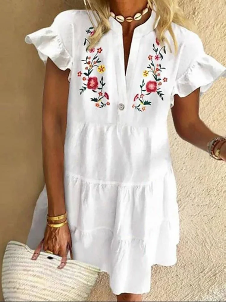 Spring Summer Fashion Tassel Mini Dress Woman 2025 Vintage Print V Neck 3/4 Sleeve Party Dresses Women Casual Loose Beach Dress