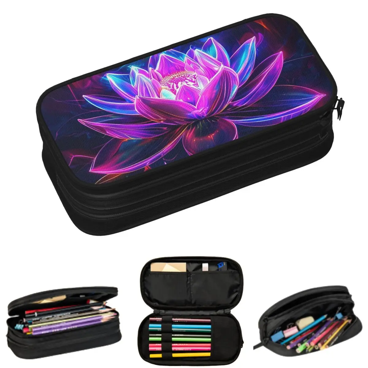 

One Fluorescent Blue Lotus Themed Pencil Cases for Student School Pen Box Pencil Bag Big Capacity Pencil Pouch