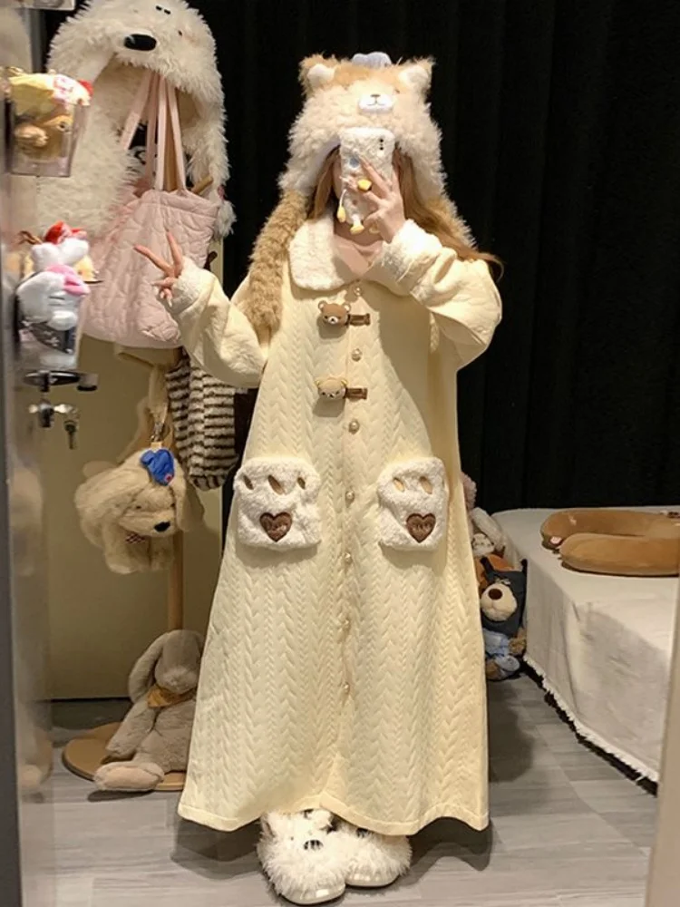 new-winter-thickened-air-cotton-bear-cartoon-sleepwear-doll-collar-home-clothes-comfortable-warm-long-style-women's-robe