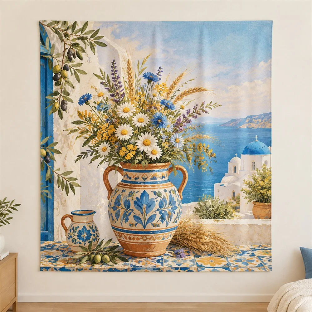 VIKAMA Terracotta Vase Flowers Center Panel Tapestry Wall Hanging, Mediterranean Wall Decor Tapestries for Bedroom Living Room