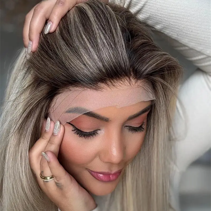 Ombre Platinblond mit braunen Streifen, Lace-Front-Perücke, hochwertige, leimlose, hitzebeständige synthetische Perücke, vorgezupfter Haaransatz