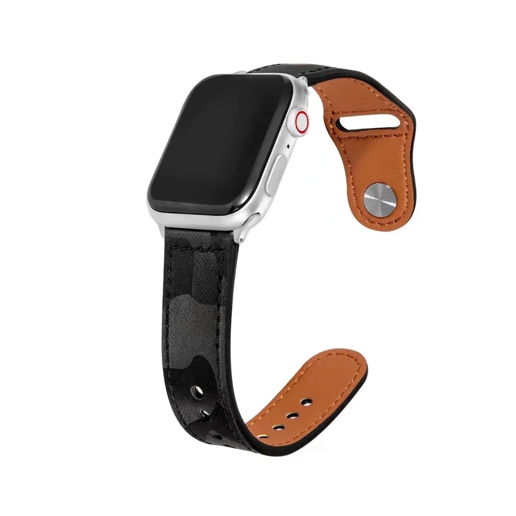 Camouflage Texture Genuine Leather Strap for Apple Watch Series 7/se/6/5/4/3/2/1 (41mm 45mm 44mm 40mm 42mm 38mm) smart watch