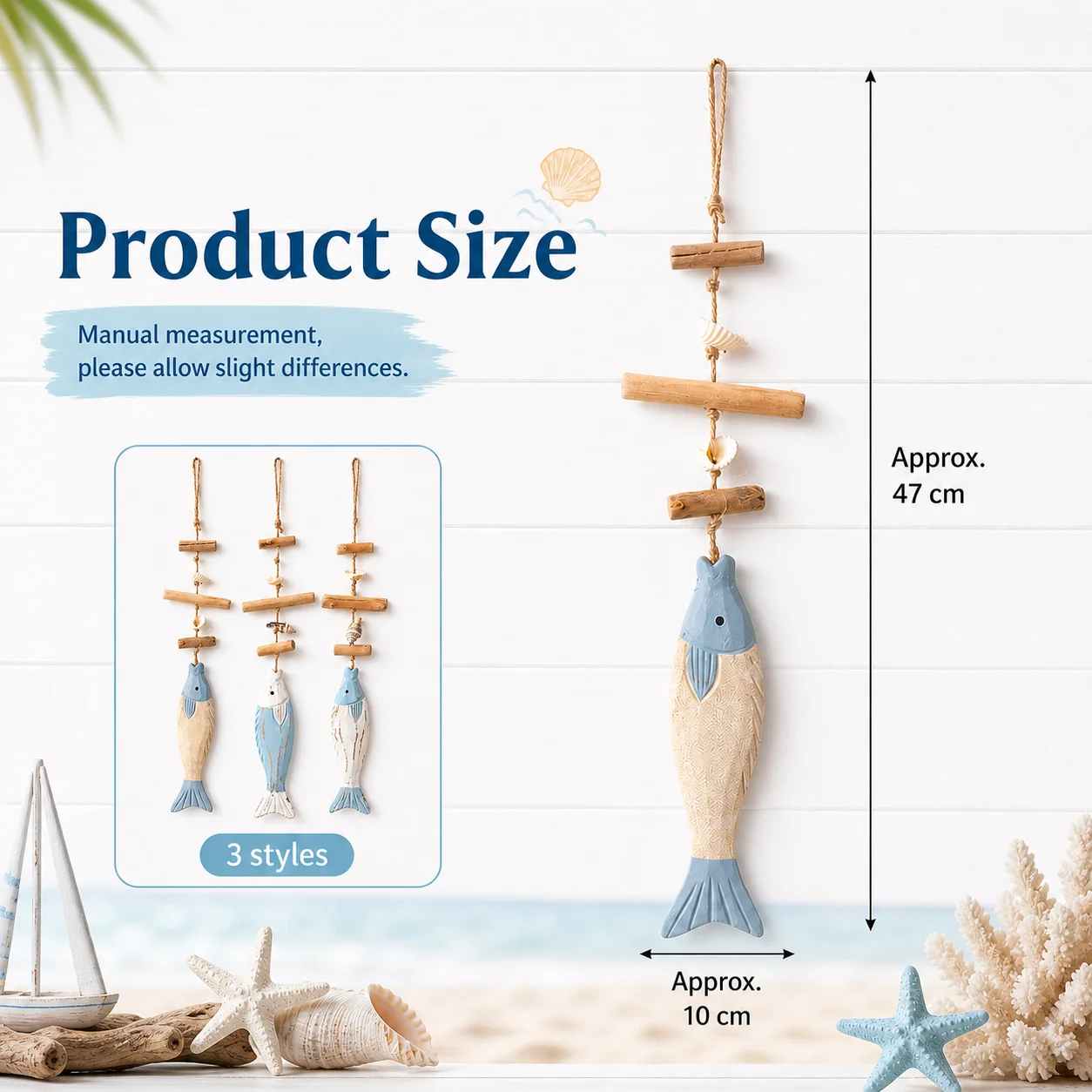 Coastal Wooden Fish Wall Hanging Nautical Beach Decor with Shells, Handmade Jute Rope Ornament for Home Bathroom