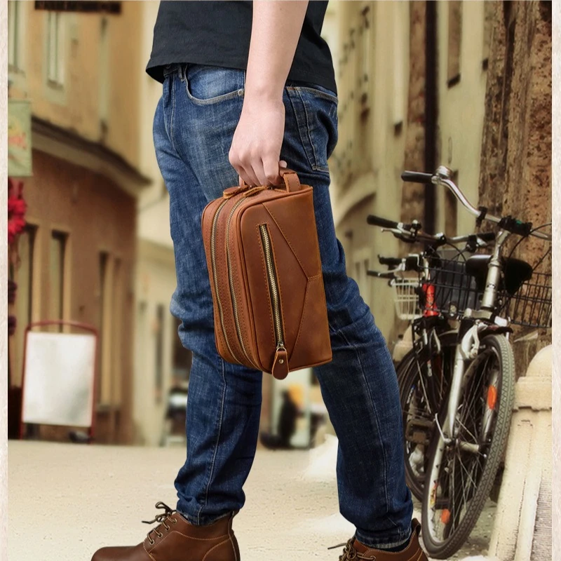 

Мужская сумка для стирки из натуральной кожи, кожаная дорожная сумка для хранения в стиле ретро Crazy Horse, коровья косметичка с двойной молнией