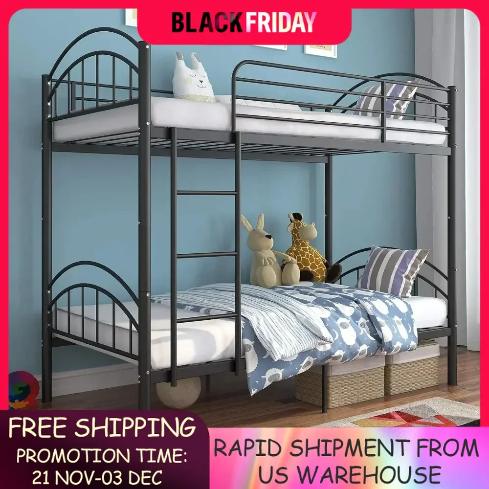 Bunk Beds Frame Twin Over Twin, Convertible Into 2 Individual Metal Bed Frame, Removable Ladder & Safety Guard Rail (Black)