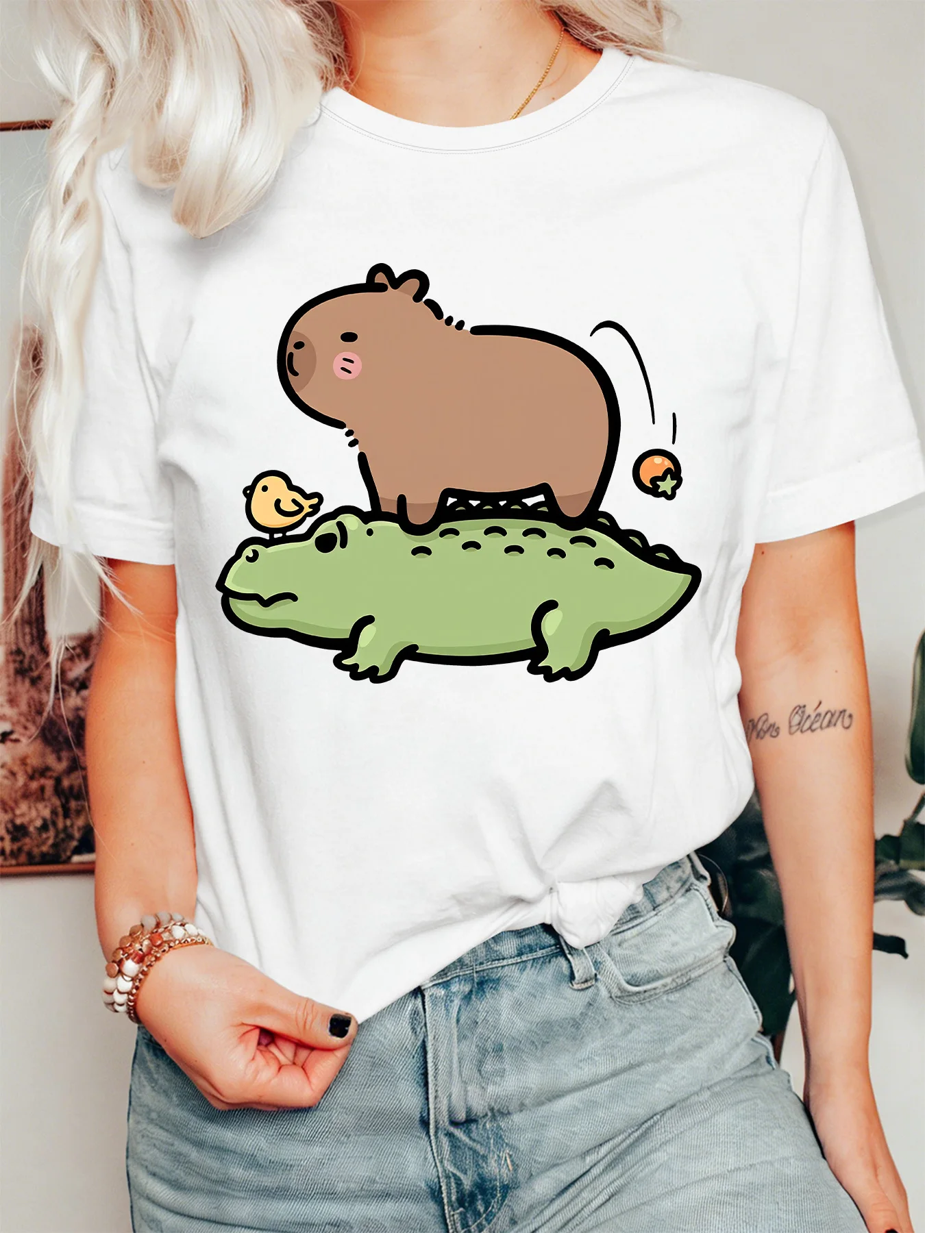 Funny Capybara Crocodile Womens T Shirt Cute Wild Animal Small Bird Cartoon Graphic Tee Short Sleeve Casual Daily Ladies Tops