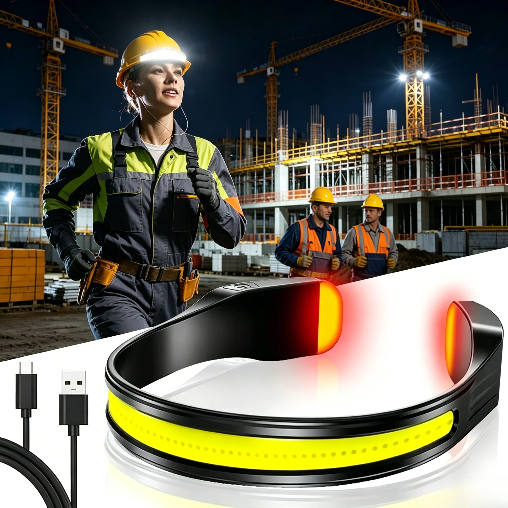 COB Rechargeable Headlamp, 3 Lighting Modes Wide Angle Floodlight with Rear Red Warning Light, for Outdoor Running & Work