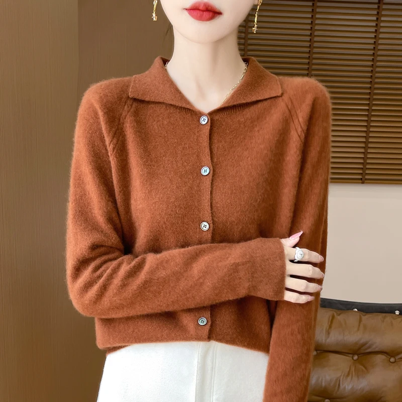 New 100% Wool Cardigan Sweater Women Turn-down Collar Long Sleeve Top Solid Color Autumn Winter Female Knit Casual Warm Jacket