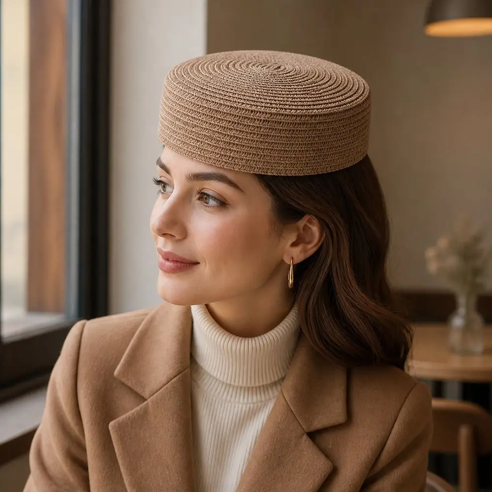 New Solid Straw Pillbox Hat Round Shape Vintage Style Brimless Cap Structured Crown Painter Hat Daily Outfits