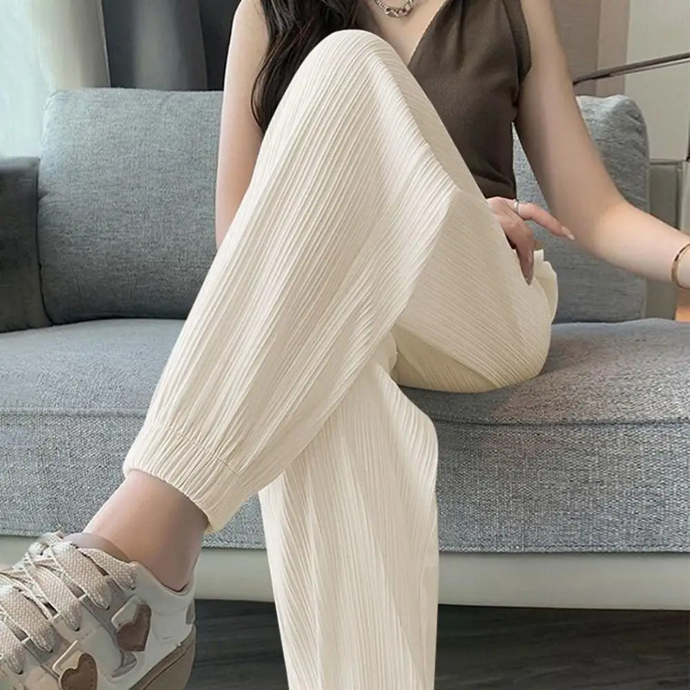 

2Pcs Women Casual Pants Elastic Waist Cuffs Solid Color Wide-Leg Pants Ice Silk Bloomers Summer Thin Sweatpants