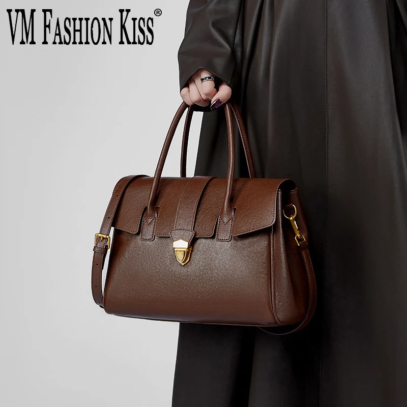 VM FASHION KISS Oil Wax Genuine Leather Bag For Women Luxury Woman Shoulder Bag Large Capacity Square Tote Bag Cowhide Handbag