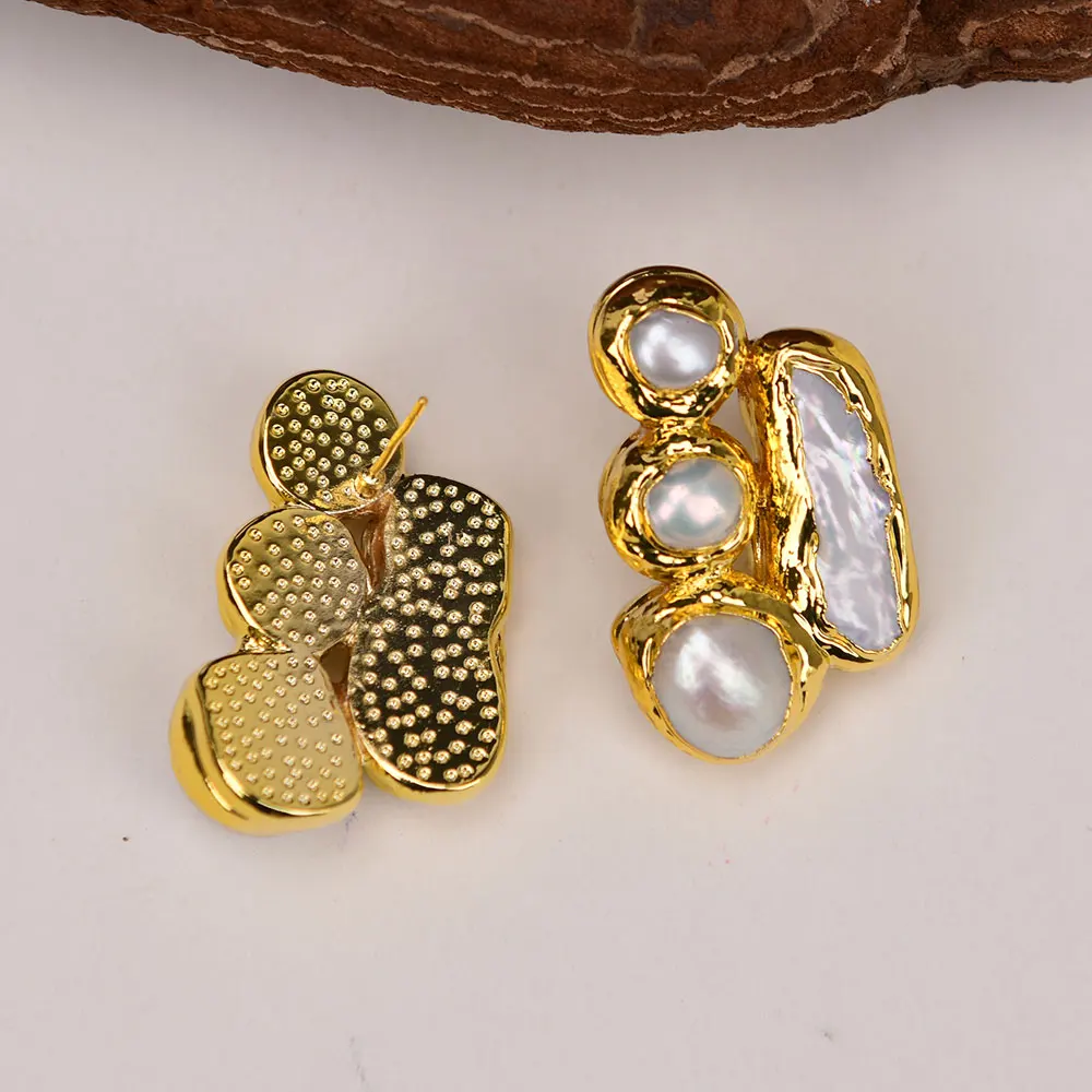 GG Freshwater Cultured White Keshi Biwa Pearl Gold Color Edged Earrings For Women