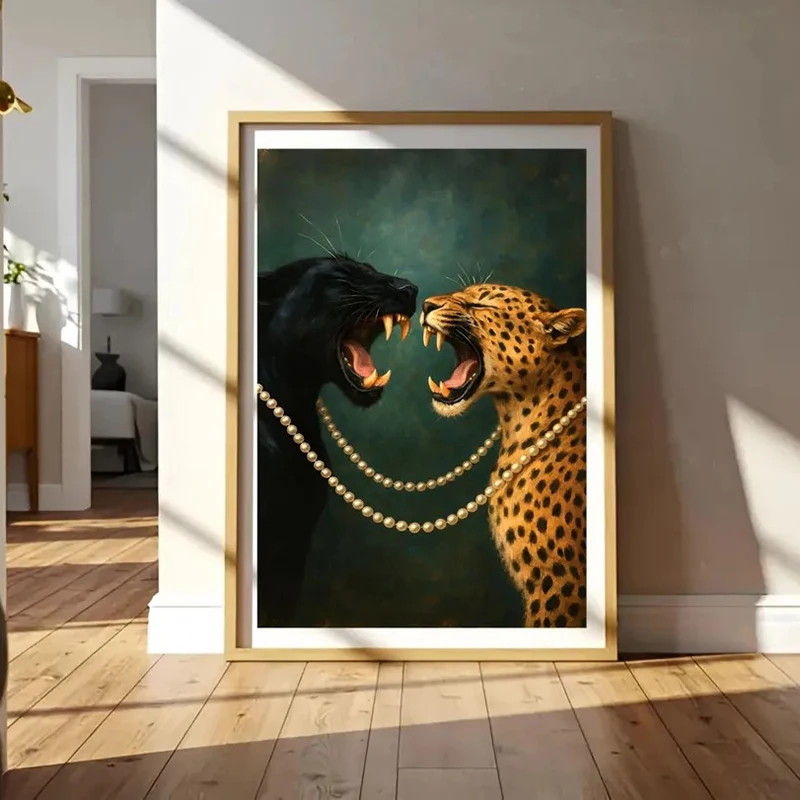 Leopard and Jaguar Print Panther Wall Art Black and White Surreal Animal Art Fashion Print Retro Dark Green leopard Luxury De