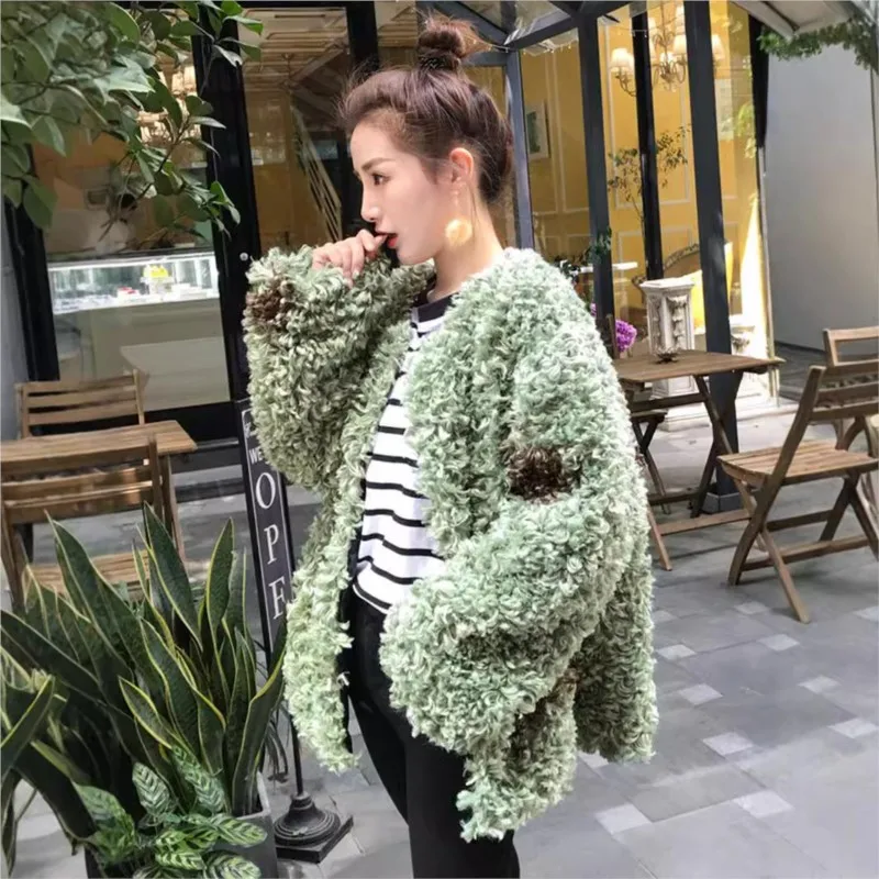 Green curly wool mixed fur round-neck coat loose and casual irregular printed top for women