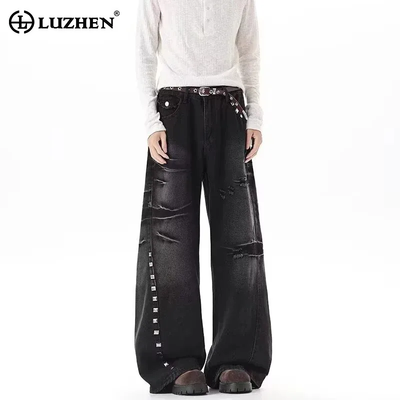 LUZHEN 2026 New Sequin Patchwork Decorate Loose Wide Leg Jeans Men's Trendy Stripe Textured Washed Straight Denim Pants JY9235