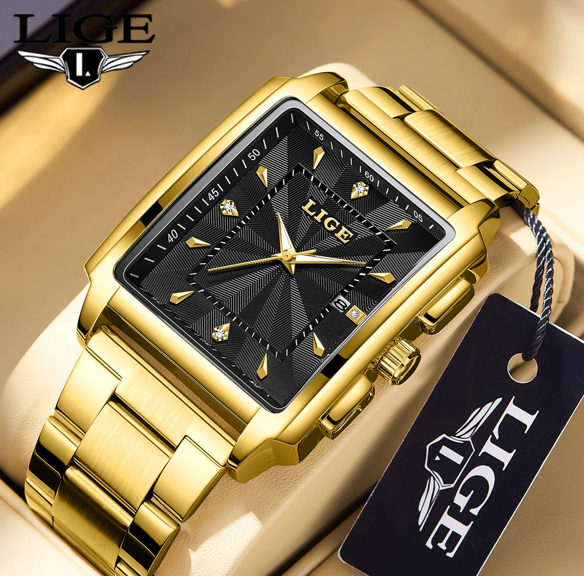 LIGE Fashion Business Watch Men Square Sport ساعات مقاومة للماء للرجال من أفضل العلامات التجارية الفاخرة العسكرية كوارتز كرونوغراف ساعة اليد