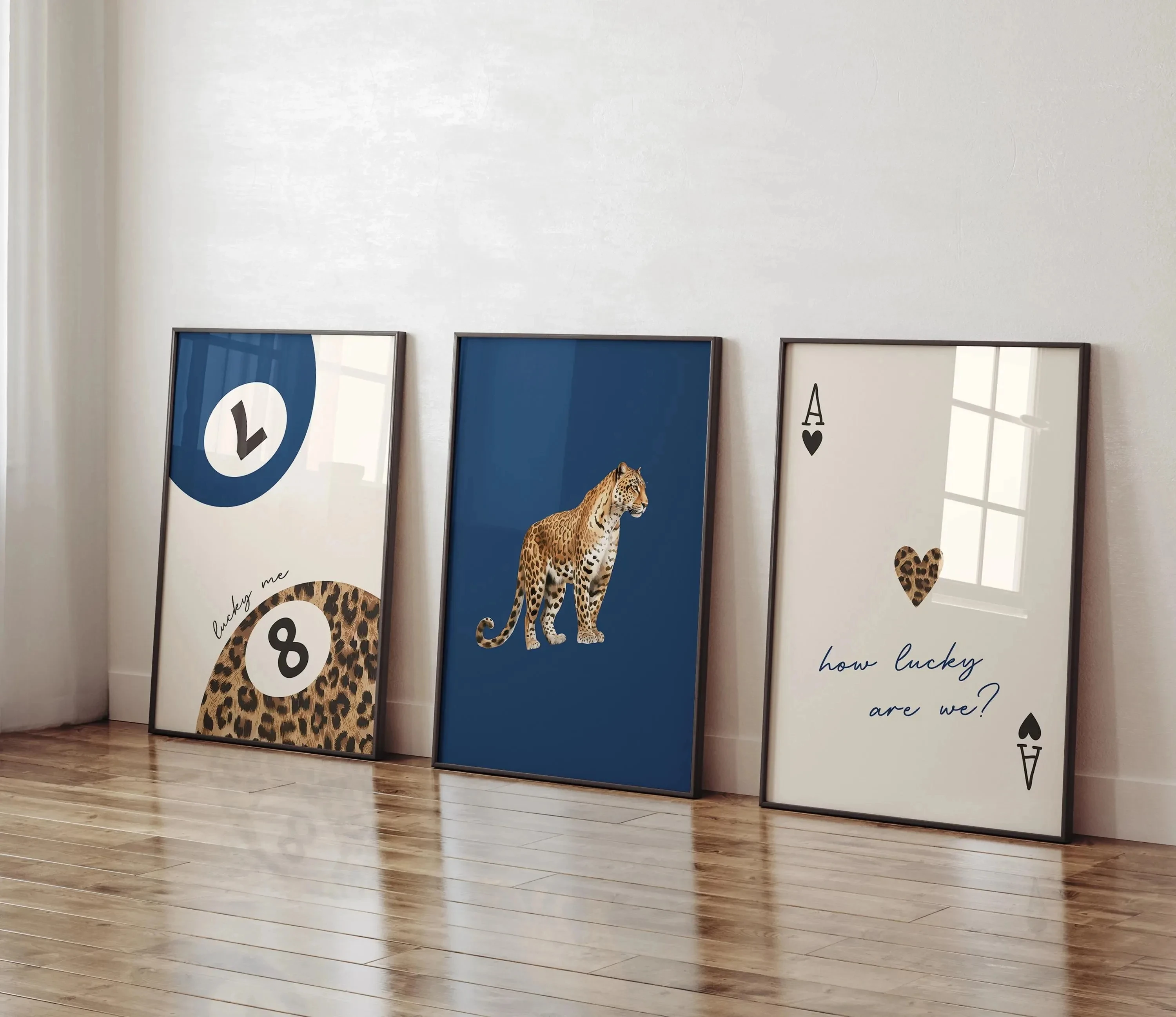 

3pcs Nordic Blue Leopard Cheetah Animal Canvas My Lucky Number 7and 8 Ball Poster Simple Living Room Dining Room Home Decoration