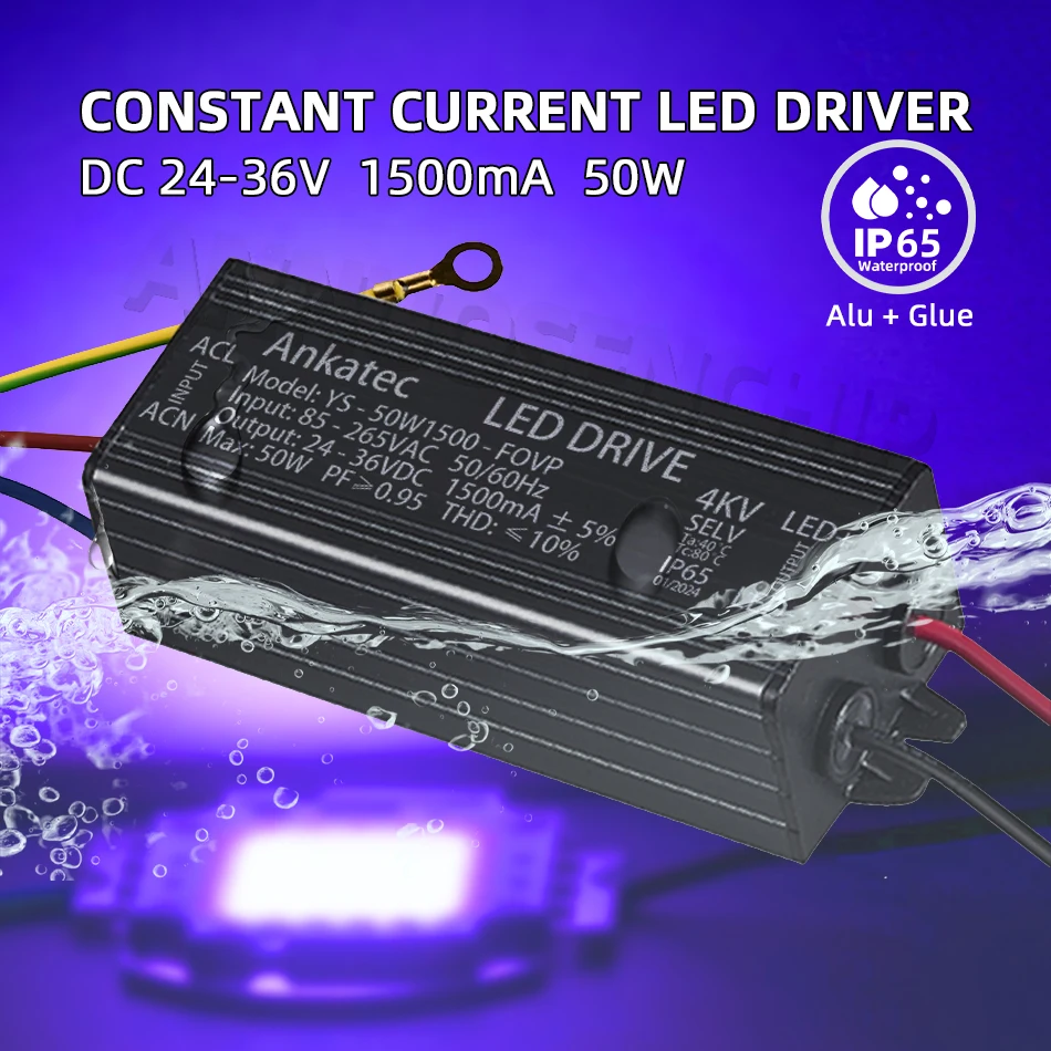 LED Driver 50W 1500mA Waterproof IP65 Lighting Transformer Adapter AC85-265V to DC 24-36V COB Chip Constant Current Power Supply