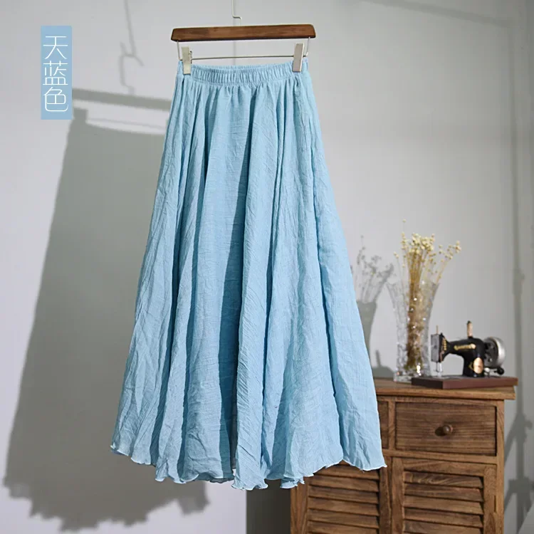 

Women Cotton Linen Skirt Sky Blue Long High Waist Large Size Elastic A Line Mori Girl Skirts Pleated Ethnic Vintage Sweet Retro