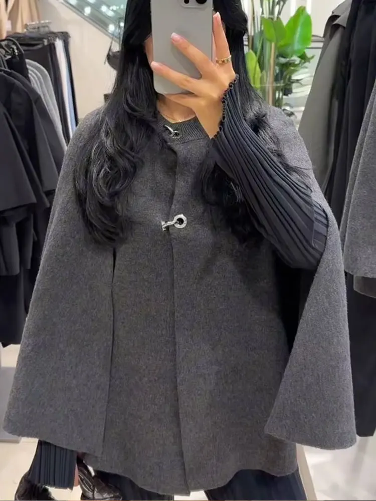 HH Female Elegant Cape Style Jacket Dark Gray O-Neck Long Sleeve Metal Button Knitted Tops Autumn Coats Woman 2024 Trendy