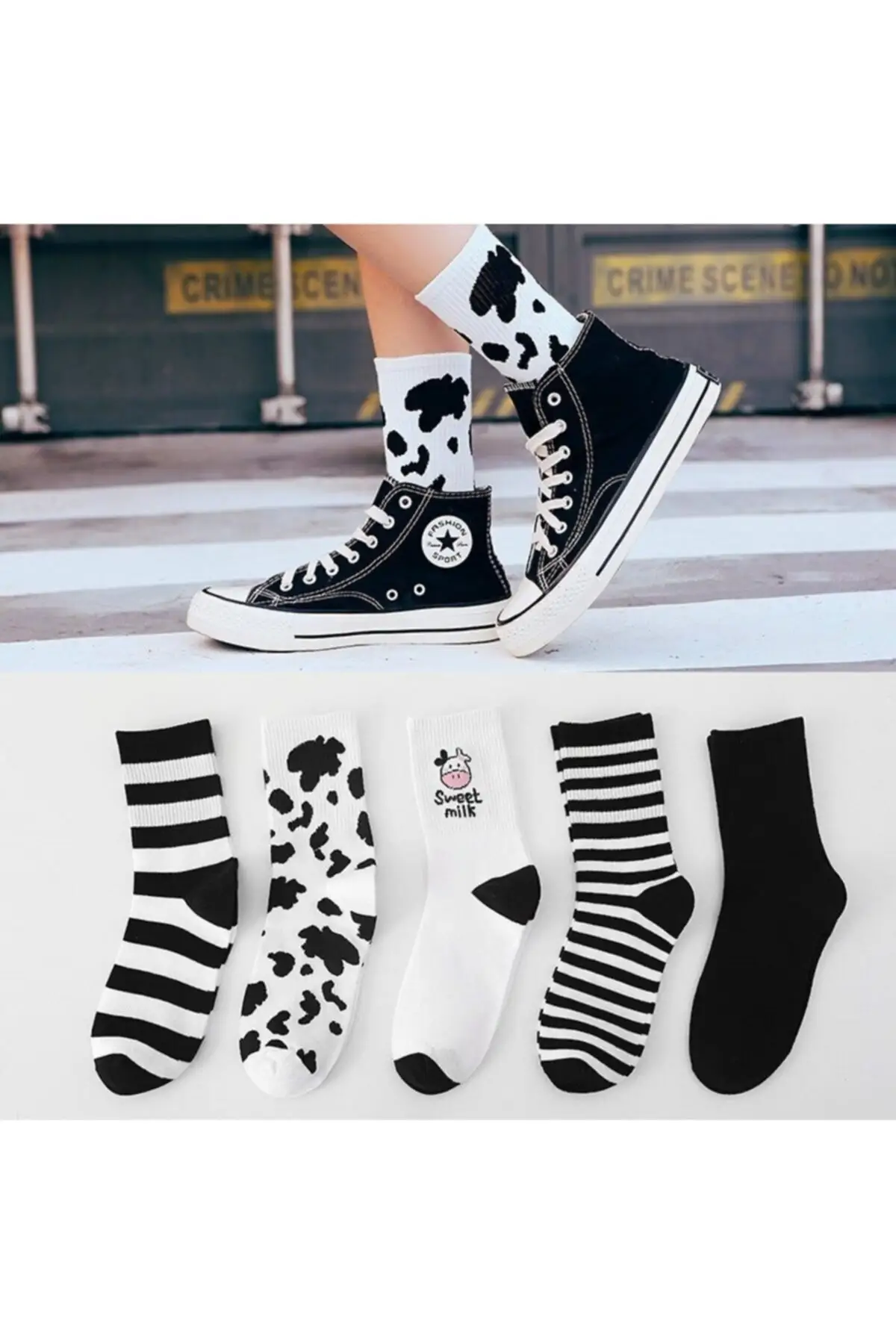 

Women's 5 Pairs of Black and White Stripes, Cow Pattern, Fun Tennis Socks Daily Use, Giftable, Free Shipping