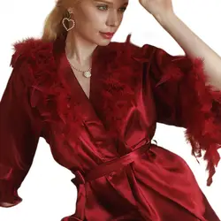 Elegant Lounge Robe Women Pajamas Nightgown Satin Silk Feather Decor Waist Tie Solid Color Sleepwear Morning Robe Sexy